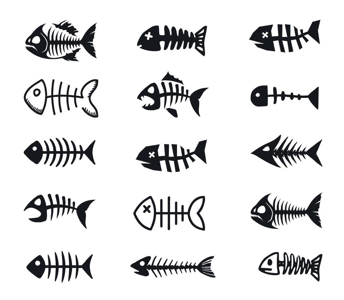 conjunto de diferente siluetas de muerto pescado huesos vector