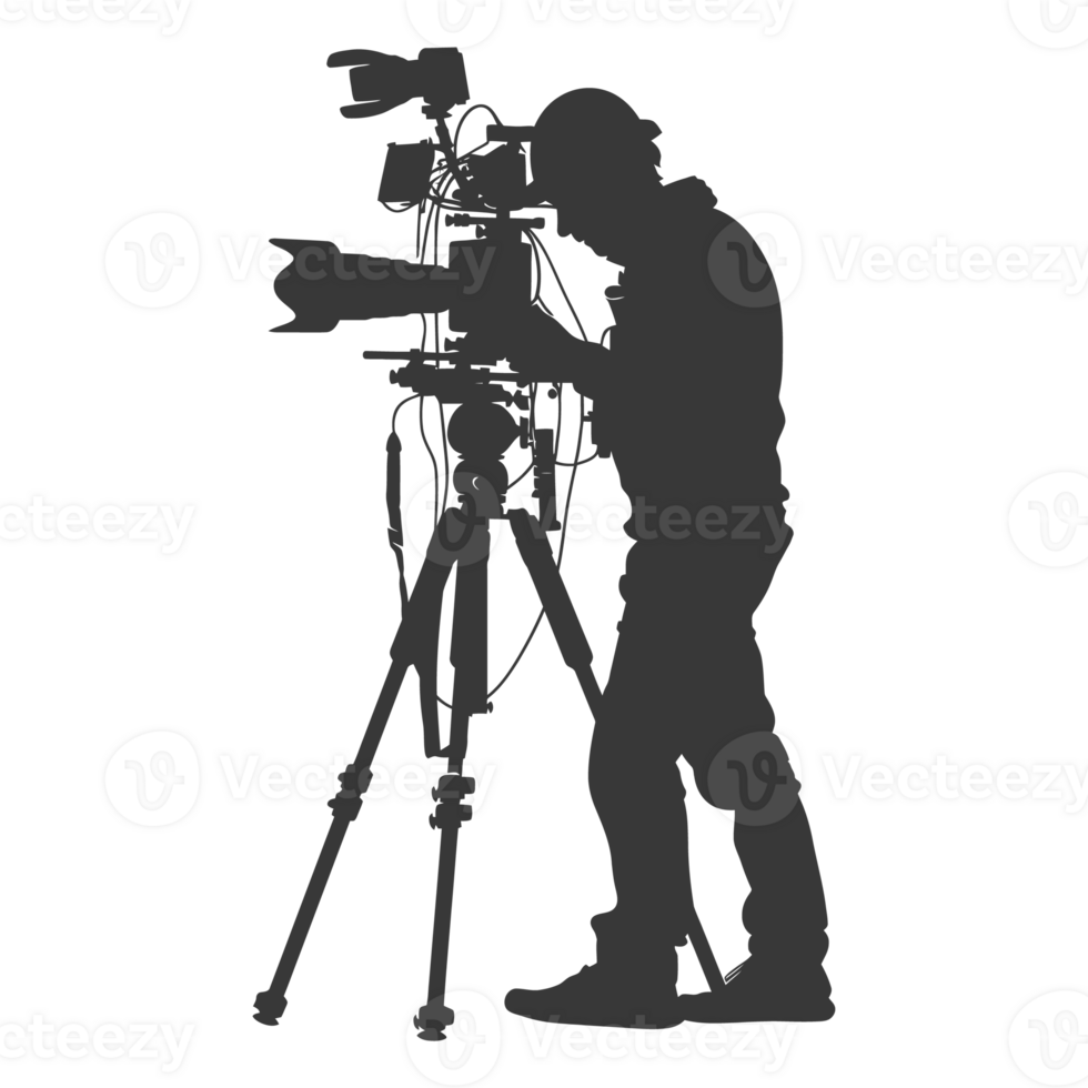 AI generated Silhouette cameramen or videografer in action black color only full body png