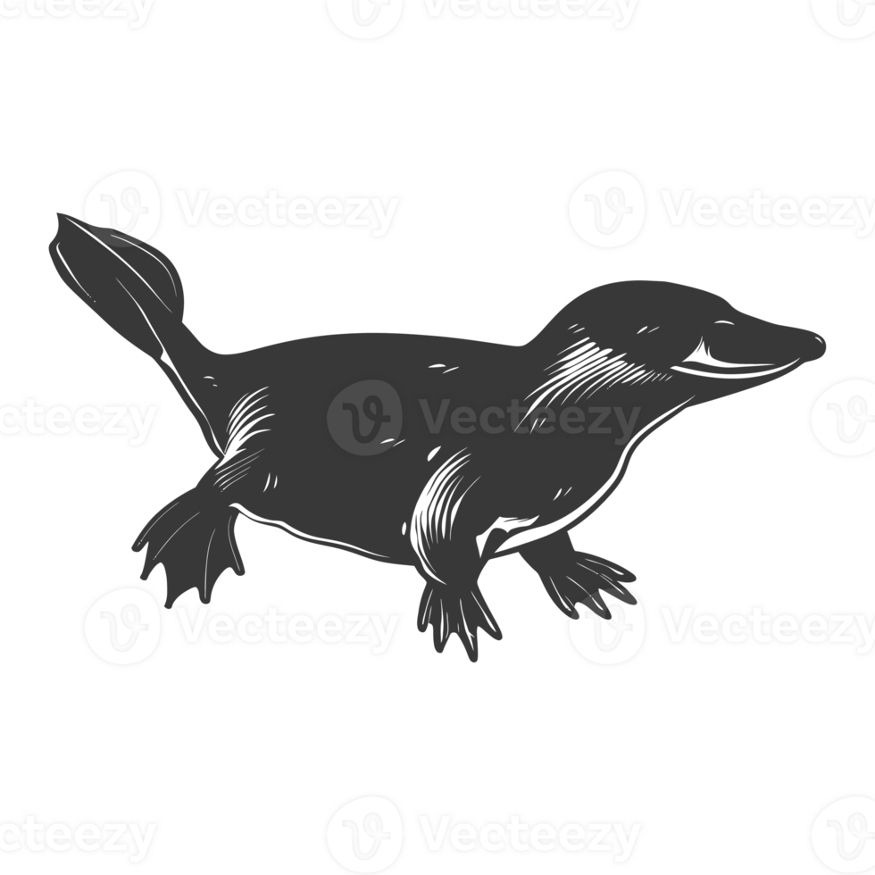 AI generated Silhouette platypus animal swim black color only full body png