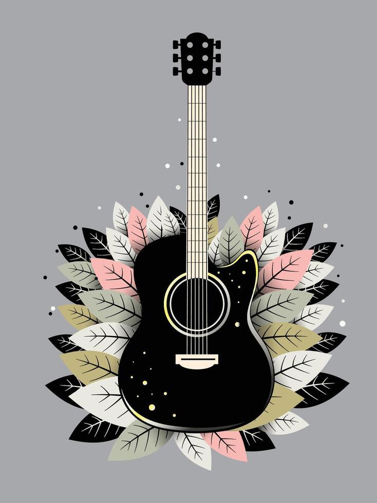 mano dibujado guitarra con hojas, naturaleza sinfonía símbolo vector