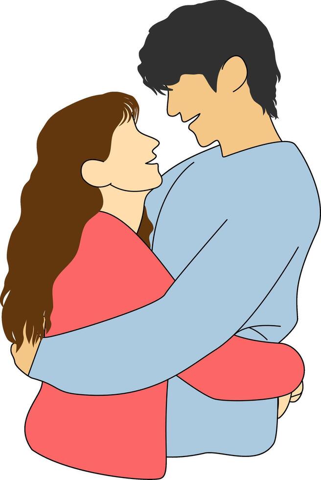 Pareja en amor. Pareja sonriente a cada otro y abrazando un alegre hombre abrazando su Novia y Mira a cada otro. casual chico y dama sonriente, perfil lado vista. vector