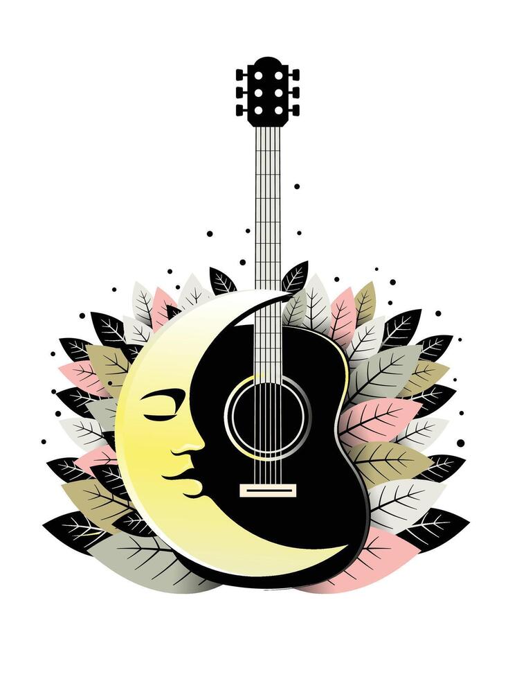 guitar with moon and leaves vector