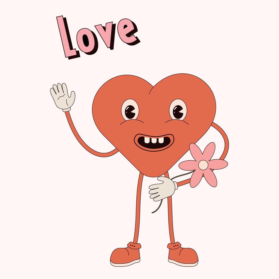 Groovy Retro happy Valentines day in trendy retro 70s cartoon style.Groovy lovely heart in trendy retro 60s cartoon style.Happy Valentines Day.Funky happy lovely heart character.Love concept.Vector vector