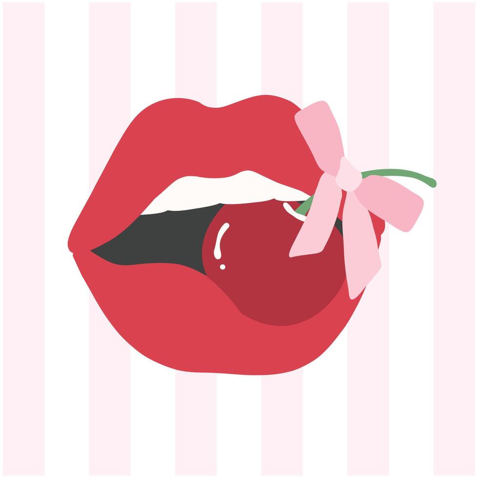 Coquette lips with pink bow and cherries, featuring trendy and stylish illustrations. vector