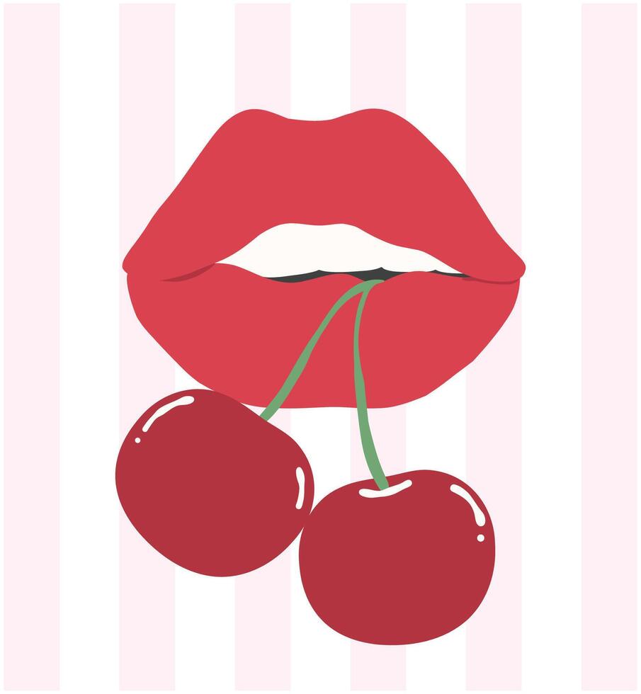 Coquette lips with cherries, featuring trendy and stylish illustrations. vector