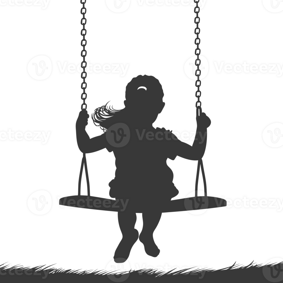AI generated Silhouette little girl playing swing in the playground black color only png
