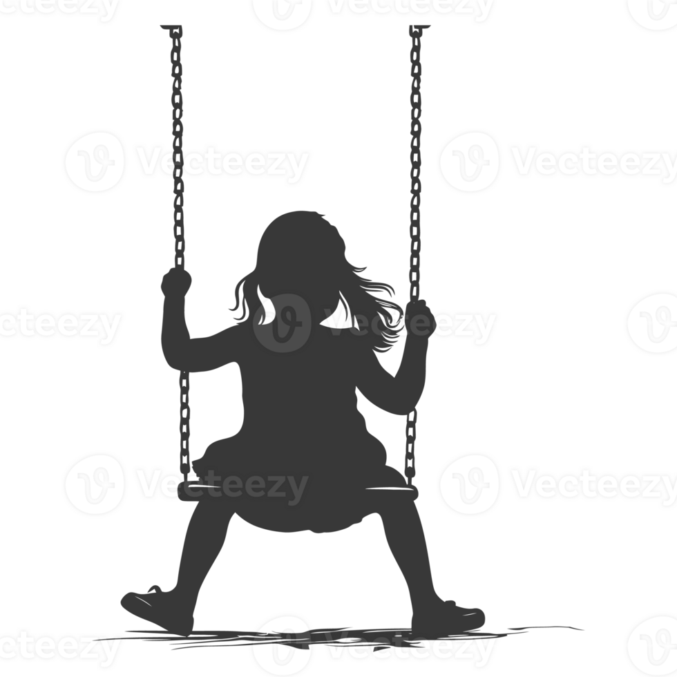 AI generated Silhouette little girl playing swing in the playground black color only png
