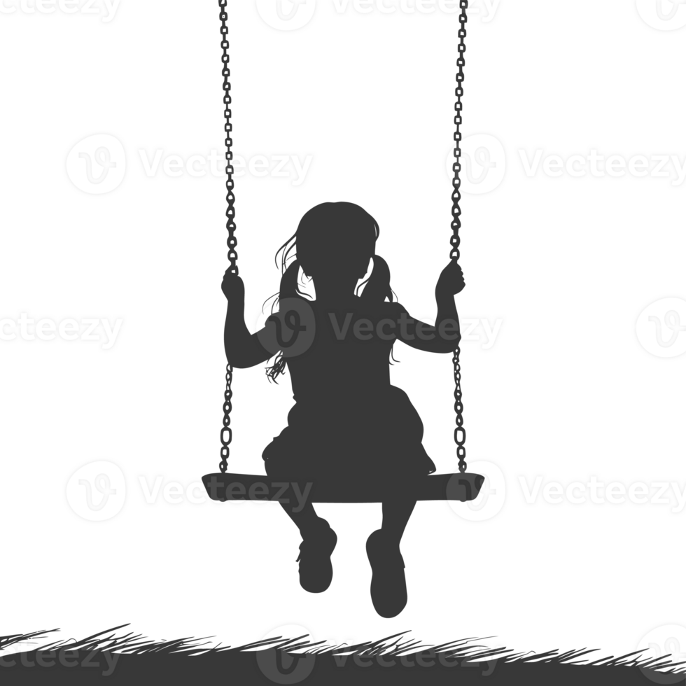 AI generated Silhouette little girl playing swing in the playground black color only png
