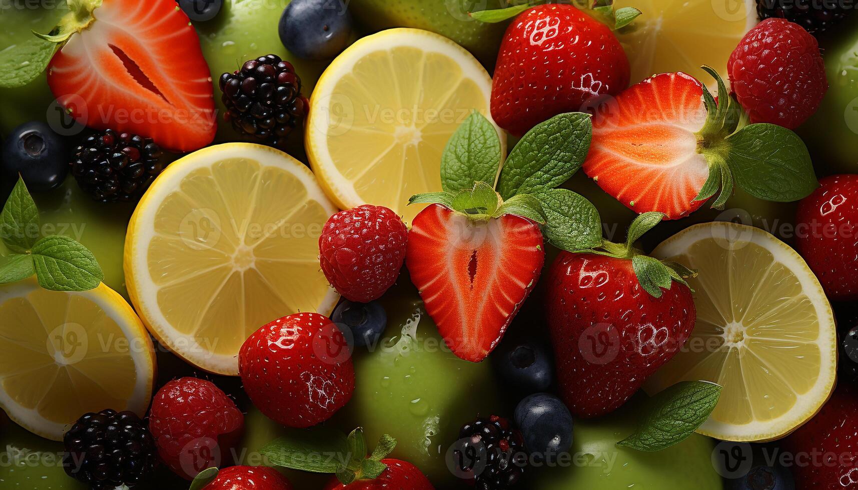 AI generated Freshness of summer fruits strawberry, raspberry, blueberry, lemon, lime, orange, grapefruit, tomato generated by AI photo