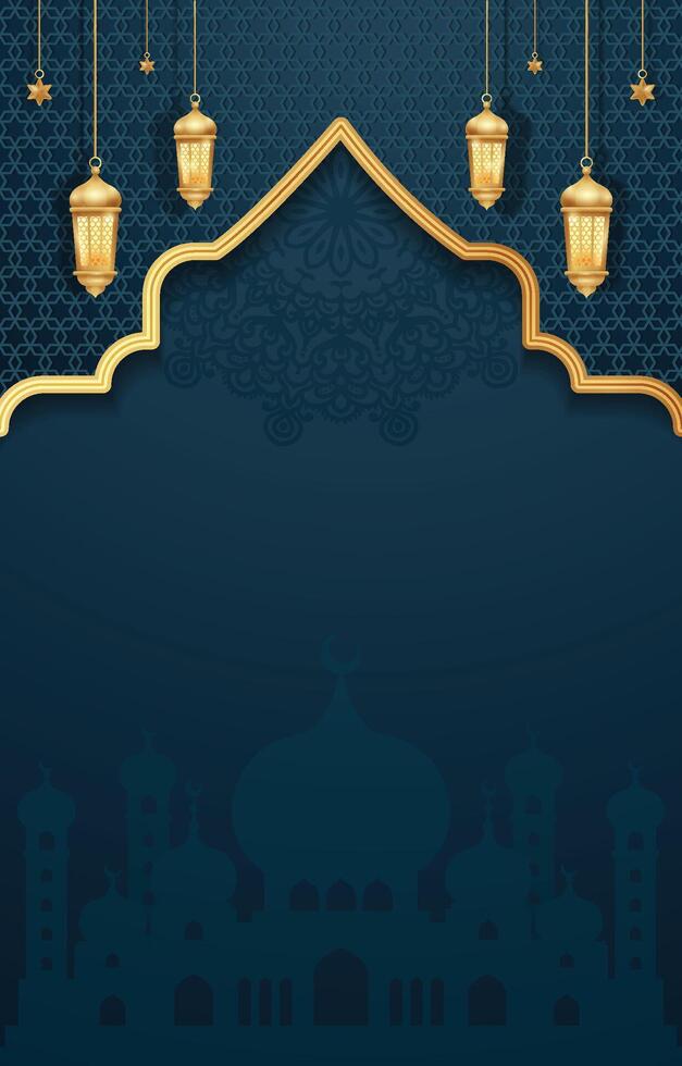 Ramadan Kareem background with arabic lanterns and mosque vector