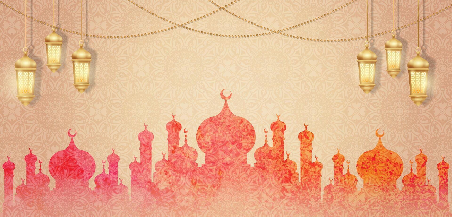 islámico horizontal bandera con silueta mezquita y oro linterna ornamento vector