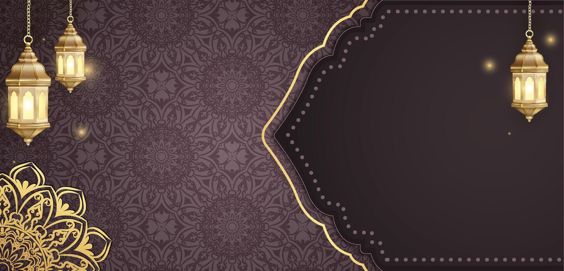 Islamic Horizontal Banner background with arabic lantern and oriental pattern vector