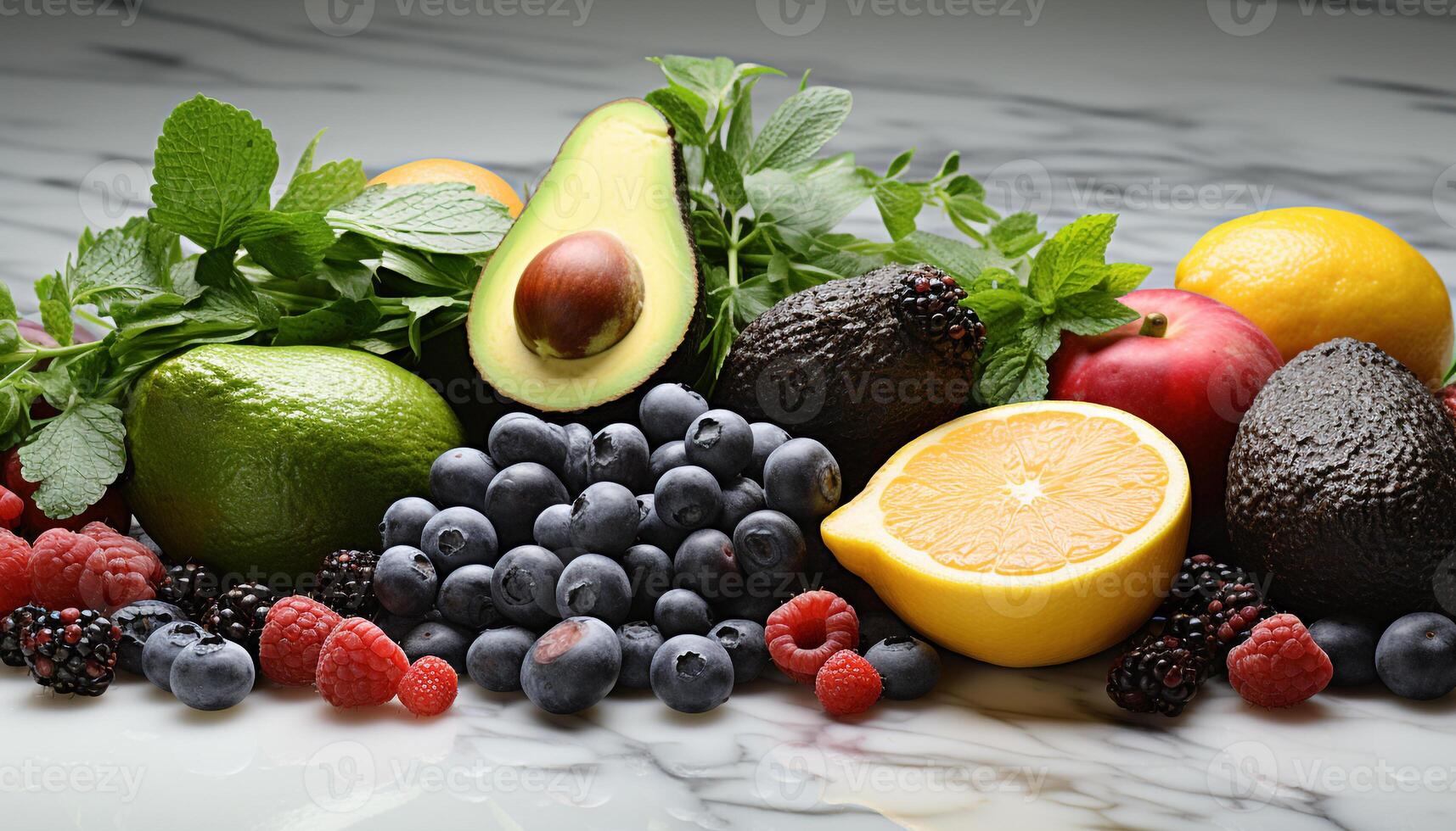 AI generated Fresh, healthy avocado salad with organic berries and citrus fruits generated by AI photo