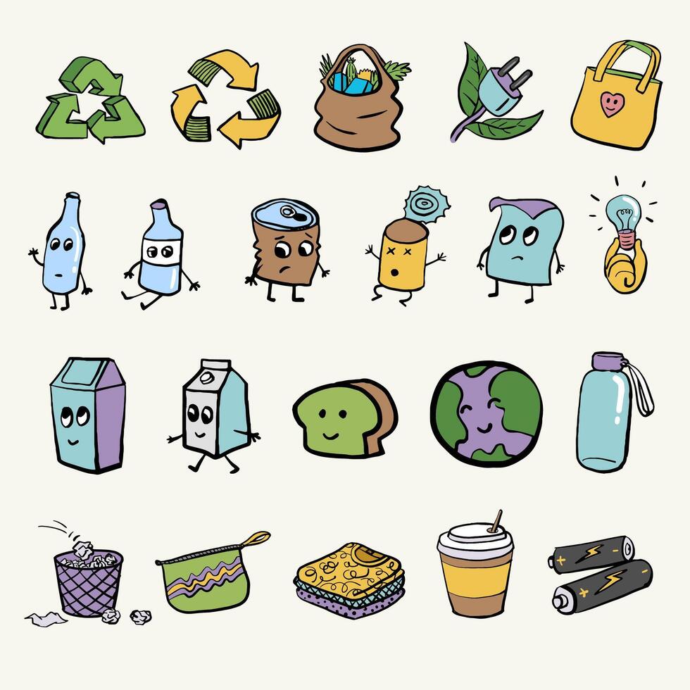 Eco friendly Recycle set hand drawn illustration vector