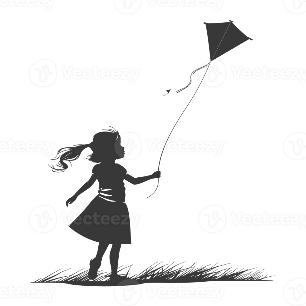 AI generated Silhouette little girl playing kite black color only png