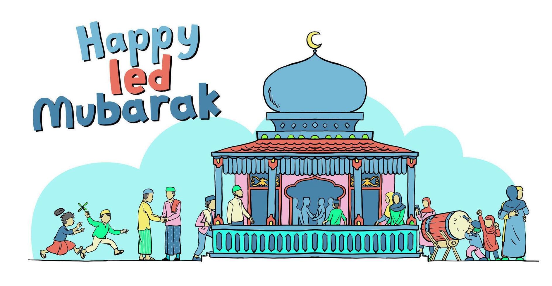 ied fitr Mubarak Ramadán kareem en el pueblo ilustración vector