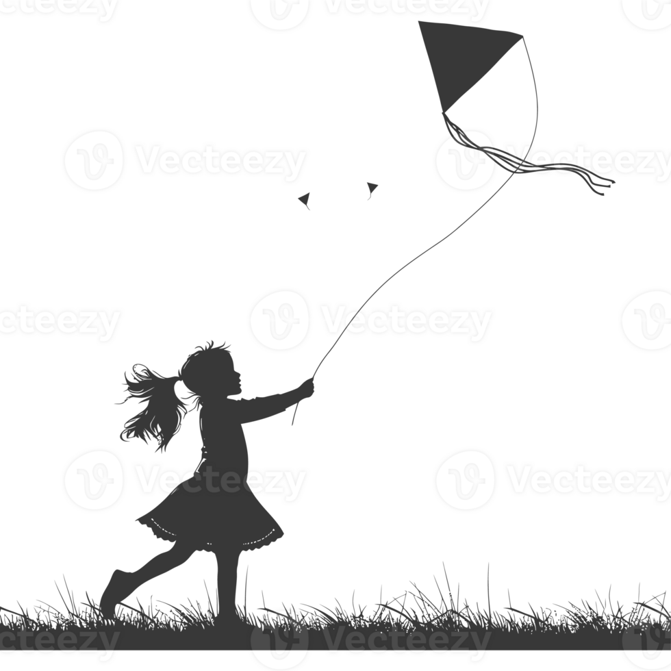AI generated Silhouette little girl playing kite black color only png