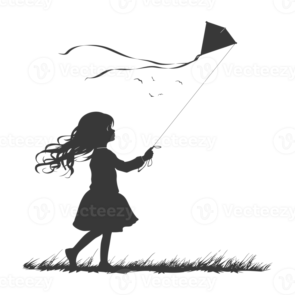 AI generated Silhouette little girl playing kite black color only png