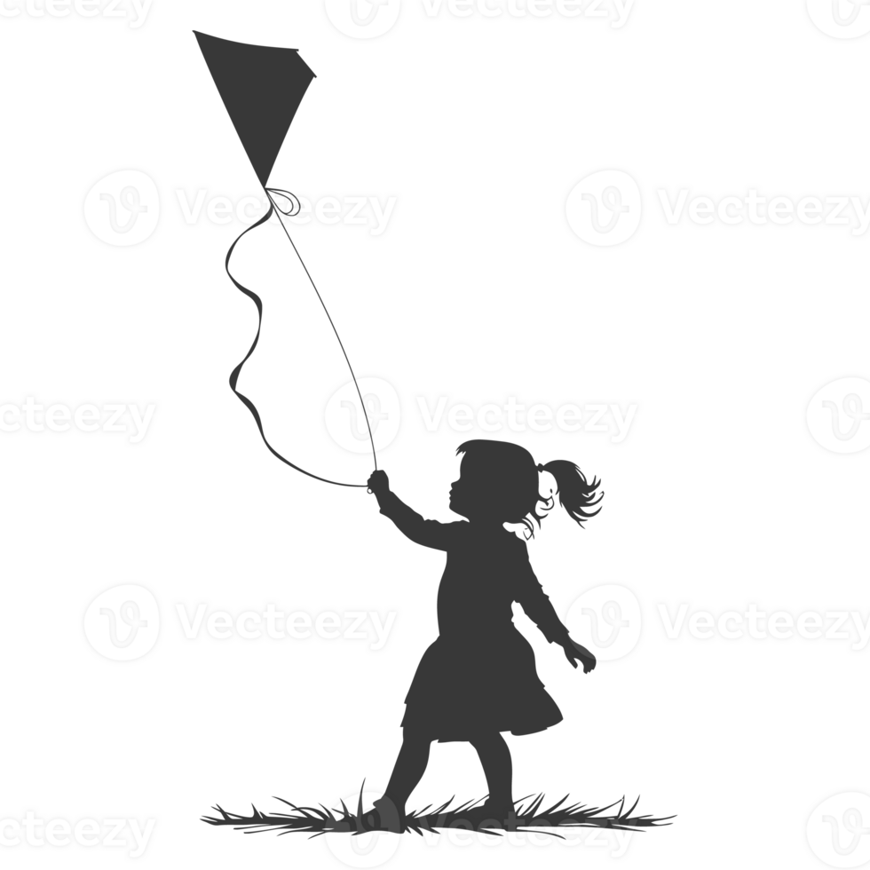 AI generated Silhouette little girl playing kite black color only png