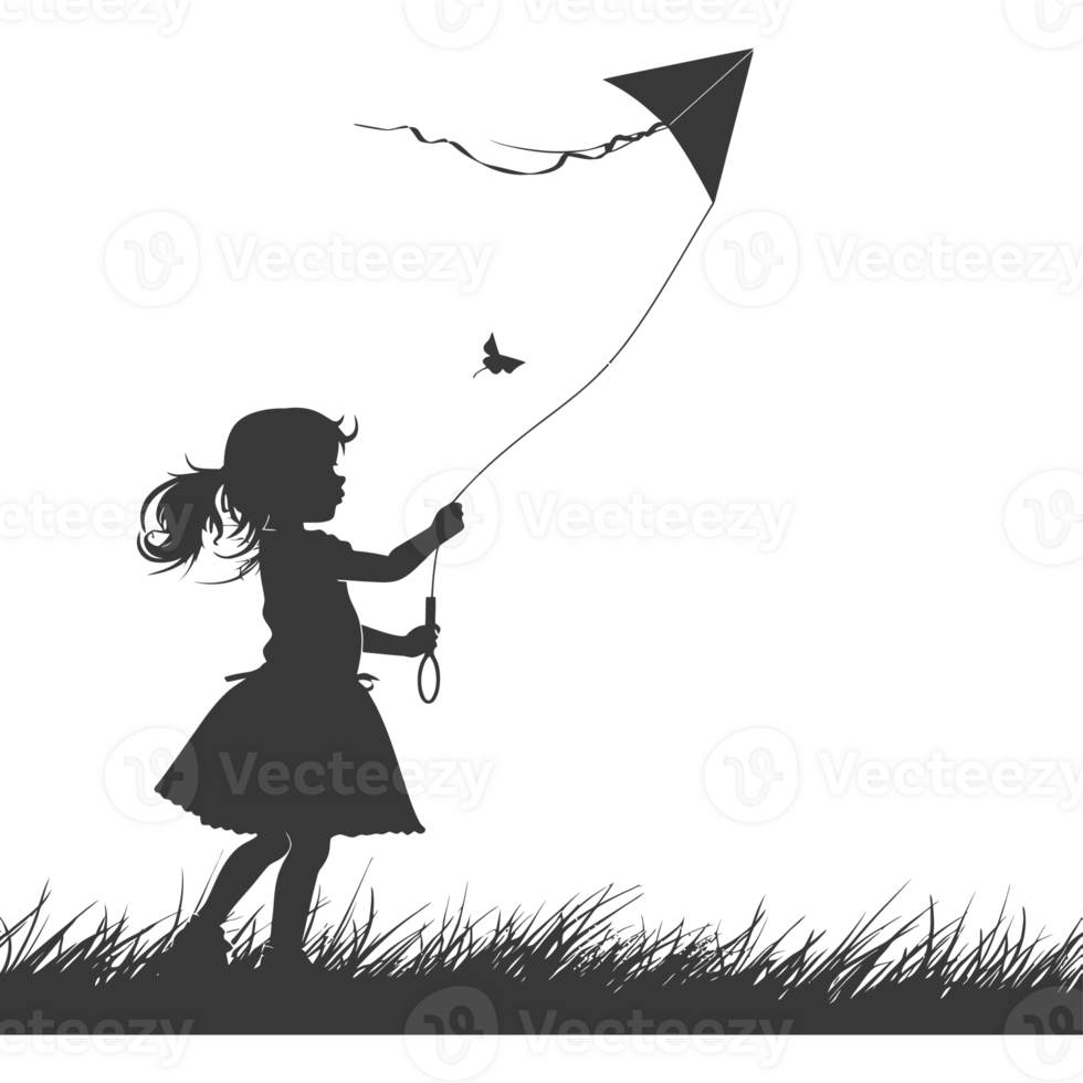 AI generated Silhouette little girl playing kite black color only png