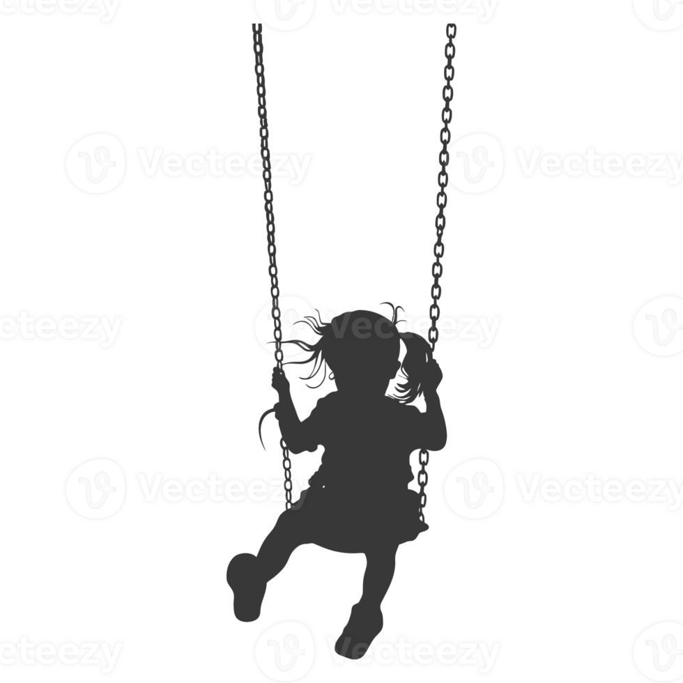AI generated Silhouette little girl playing swing in the playground black color only png