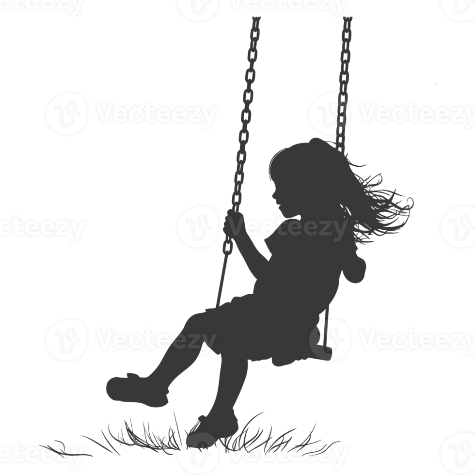 AI generated Silhouette little girl playing swing in the playground black color only png