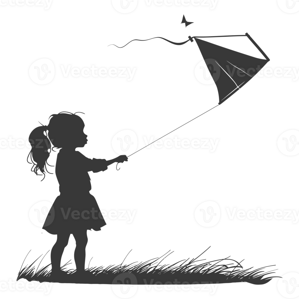 AI generated Silhouette little girl playing kite black color only png