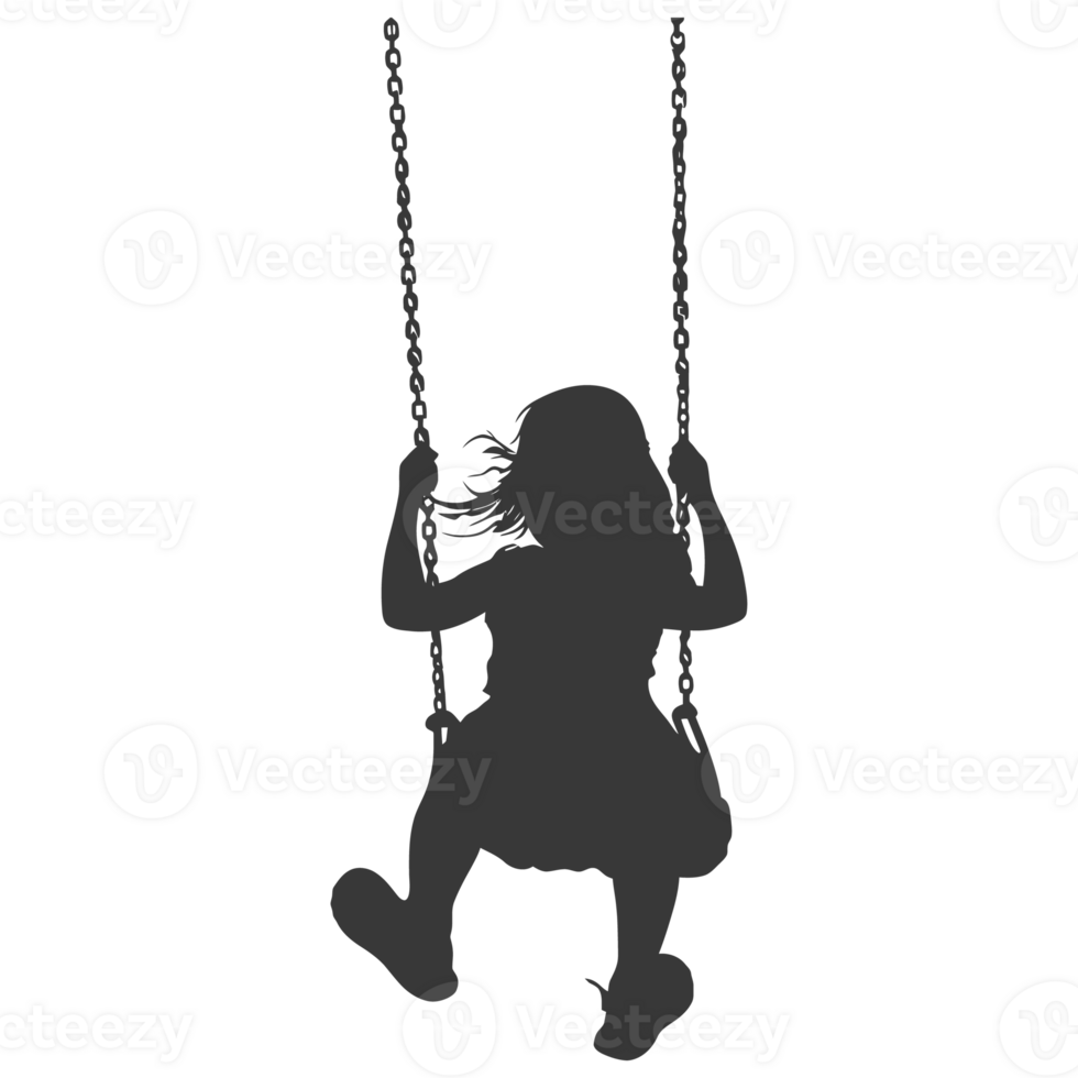 AI generated Silhouette little girl playing swing in the playground black color only png