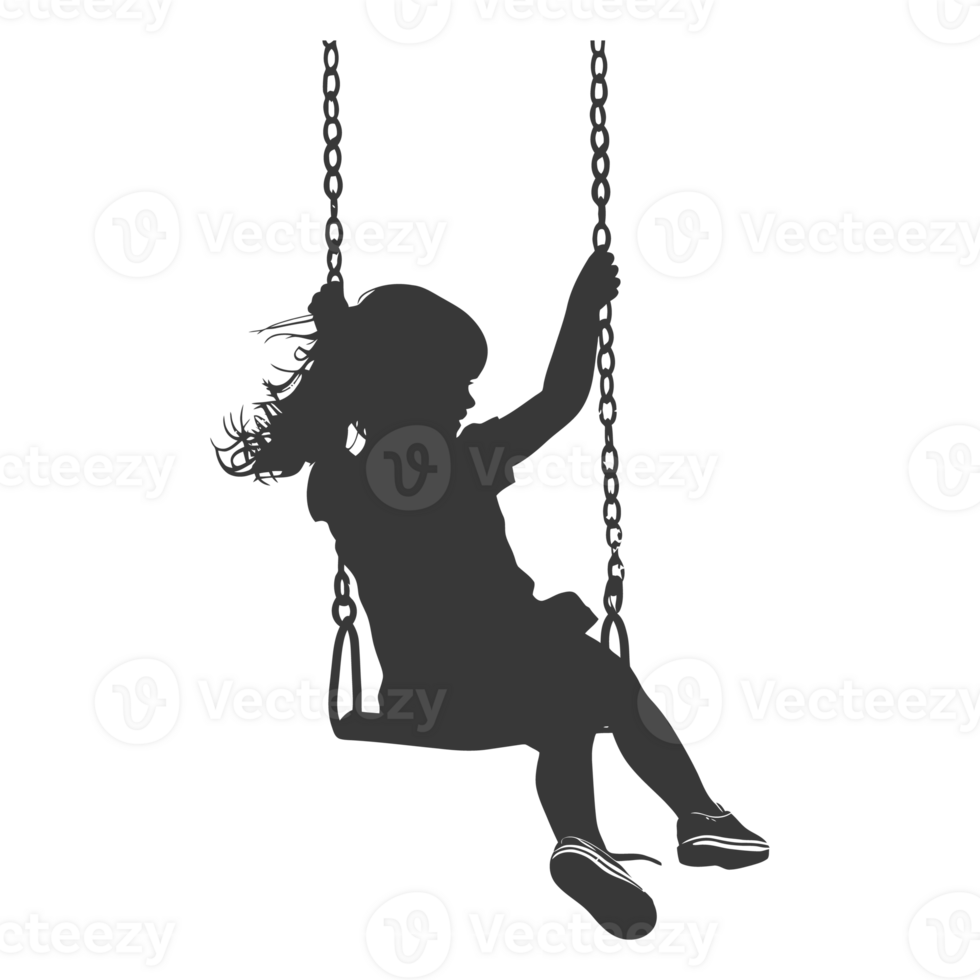 AI generated Silhouette little girl playing swing in the playground black color only png