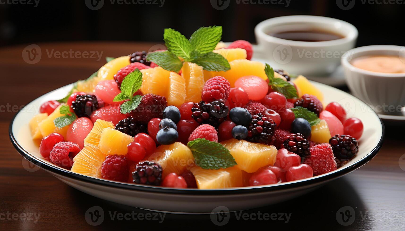 AI generated Fresh fruit salad raspberry, blueberry, strawberry, melon, grape, peach, kiwi, blackberry generated by AI photo