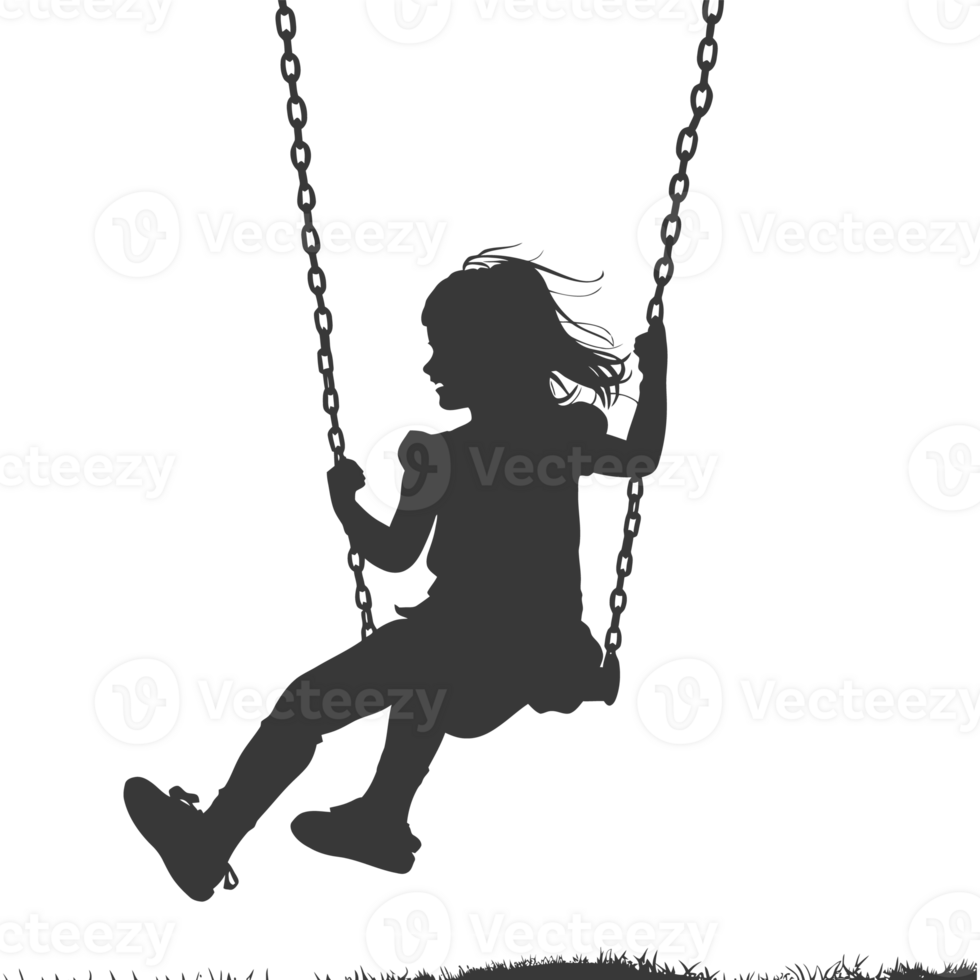 AI generated Silhouette little girl playing swing in the playground black color only png