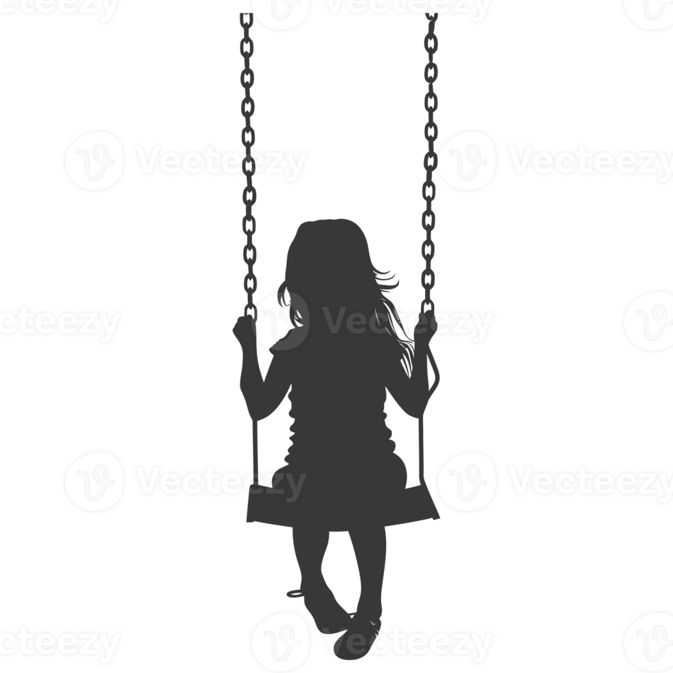 AI generated Silhouette little girl playing swing in the playground black color only png