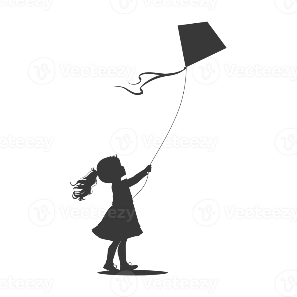 AI generated Silhouette little girl playing kite black color only png
