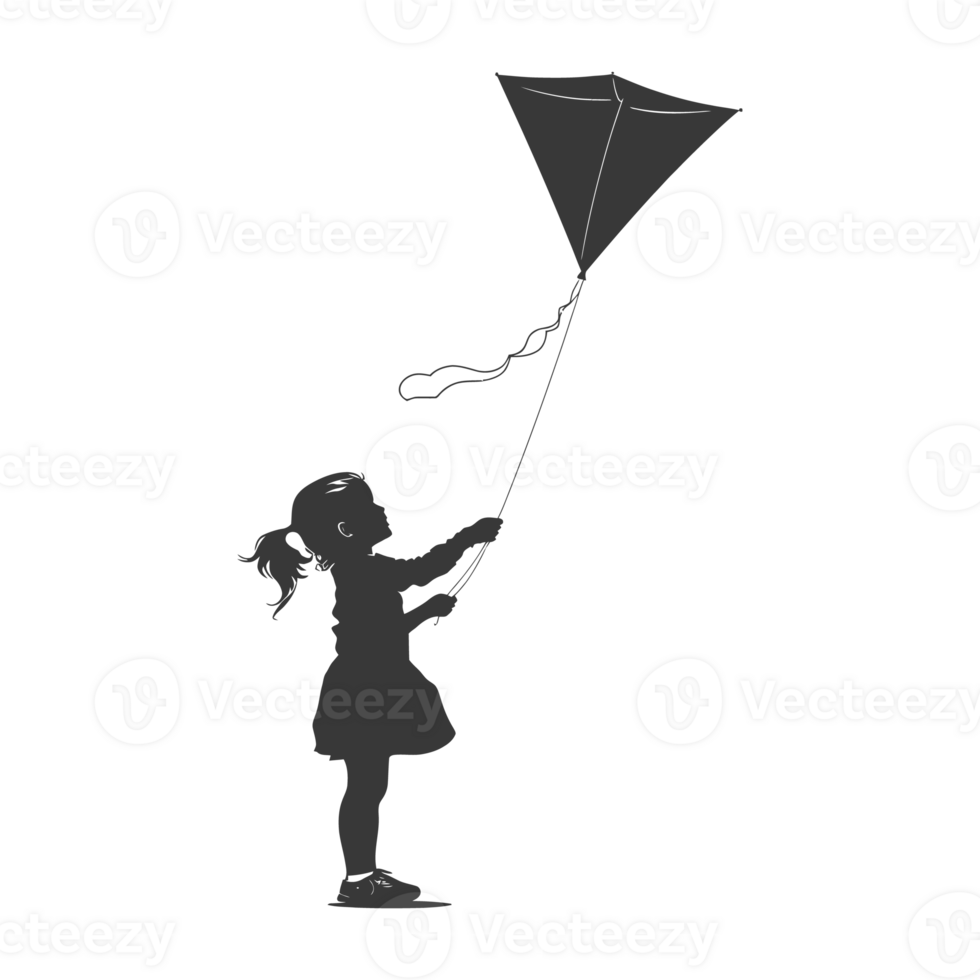 AI generated Silhouette little girl playing kite black color only png