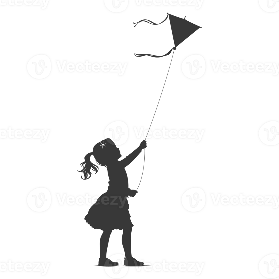 AI generated Silhouette little girl playing kite black color only png