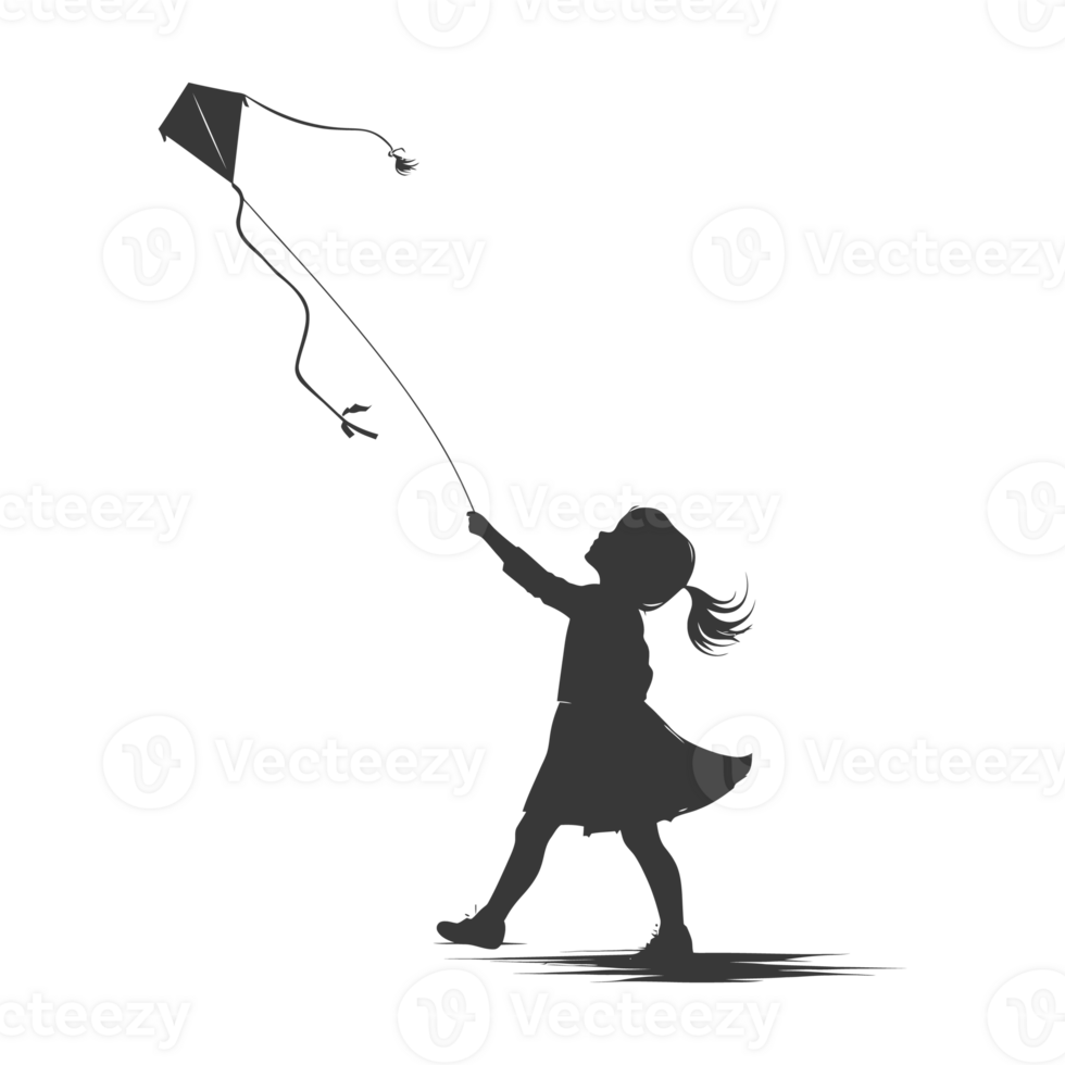 AI generated Silhouette little girl playing kite black color only png