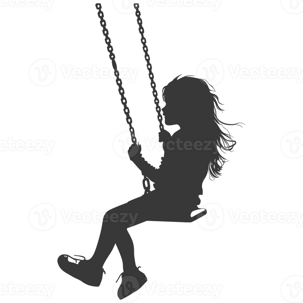 AI generated Silhouette little girl playing swing in the playground black color only png