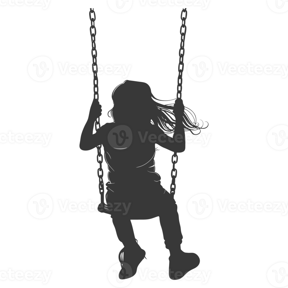 AI generated Silhouette little girl playing swing in the playground black color only png