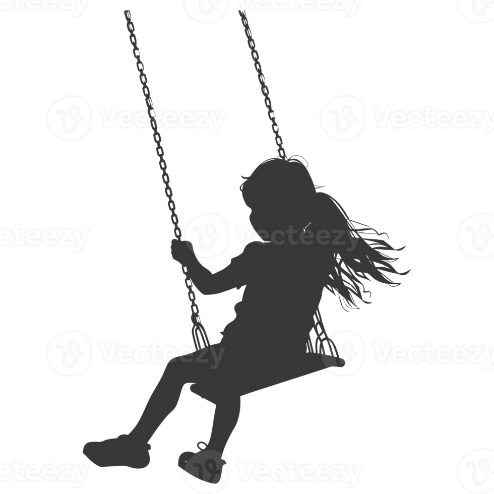AI generated Silhouette little girl playing swing in the playground black color only png