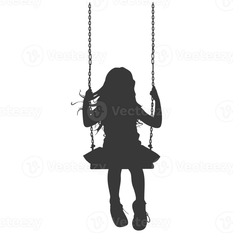 AI generated Silhouette little girl playing swing in the playground black color only png