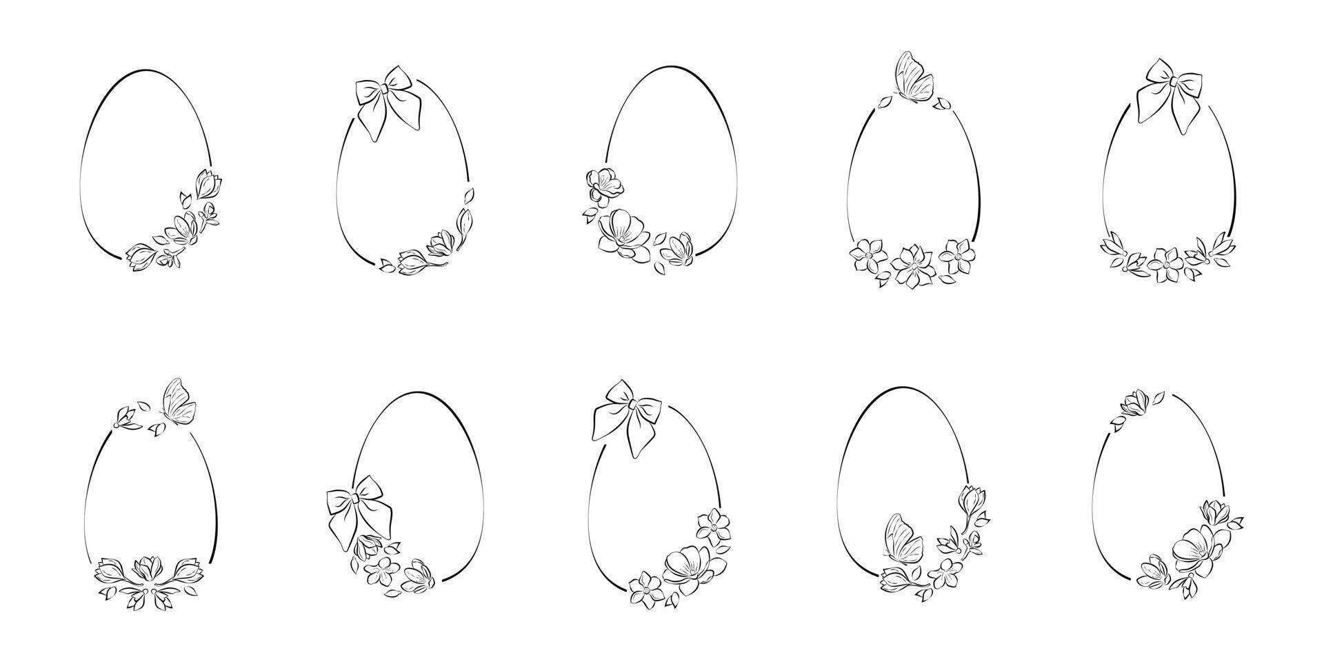 Doodle set of happy Easter eggs with spring flowers isolated. Vector underline, Easter hand-drawn outline sketch for adults and children. Coloring book page antistress with a flower Easter pattern.