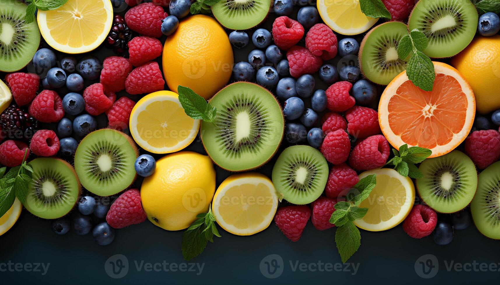 AI generated Fresh, healthy fruit salad kiwi, raspberry, orange, strawberry, blueberry, grape generated by AI photo