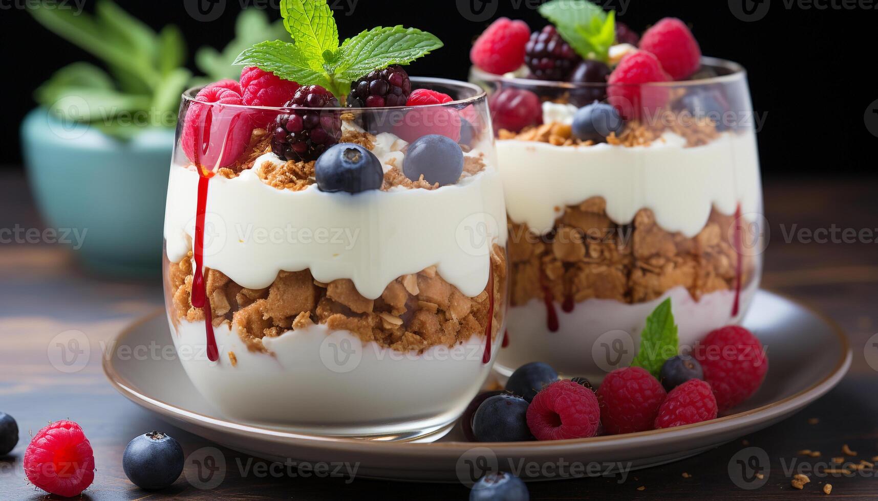 AI generated Freshness of summer Raspberry yogurt parfait with blueberries and granola generated by AI photo