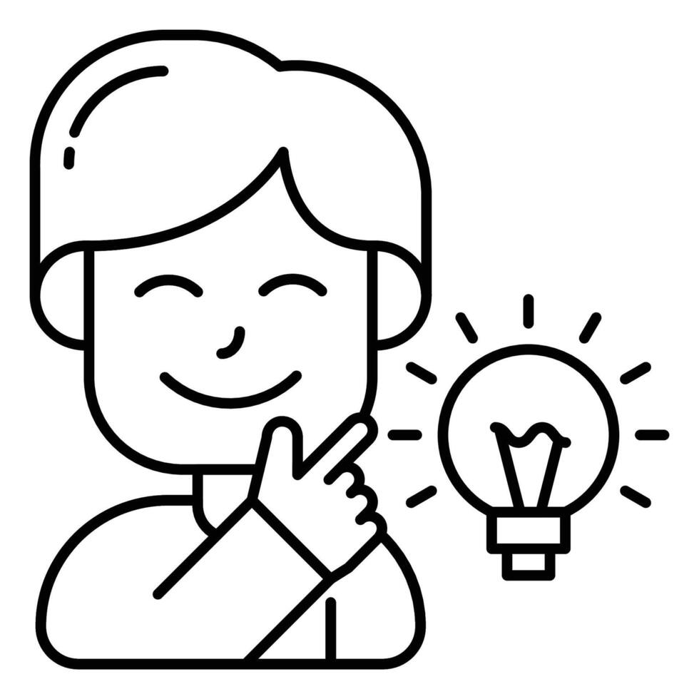 cute young boy got idea and light bulb with outline icon design, vector and illustration