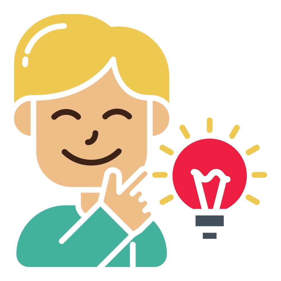 cute young boy got idea and light bulb with flat icon design, vector and illustration