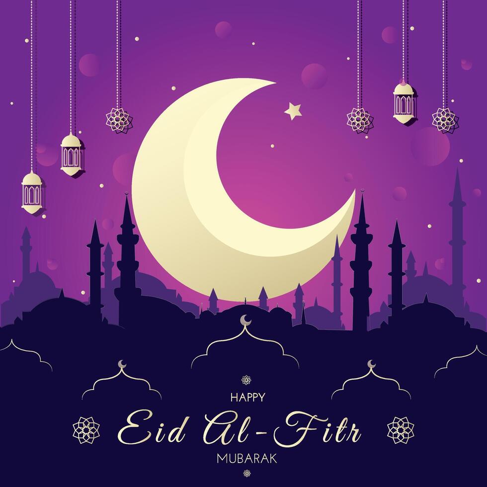 creciente islámico con linternas y estrellas para eid mubarak, eid al-fitr. Ramadán Mubarak tarjeta, bandera. dorado medio luna, lámpara, mezquita. vector ilustración diseño