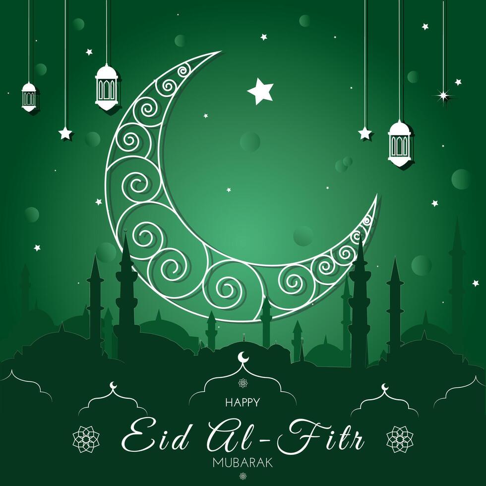 creciente islámico con linternas y estrellas para ramadán, eid mubarak. saludo tarjeta, bandera. medio luna, lámpara, mezquita. vector ilustración