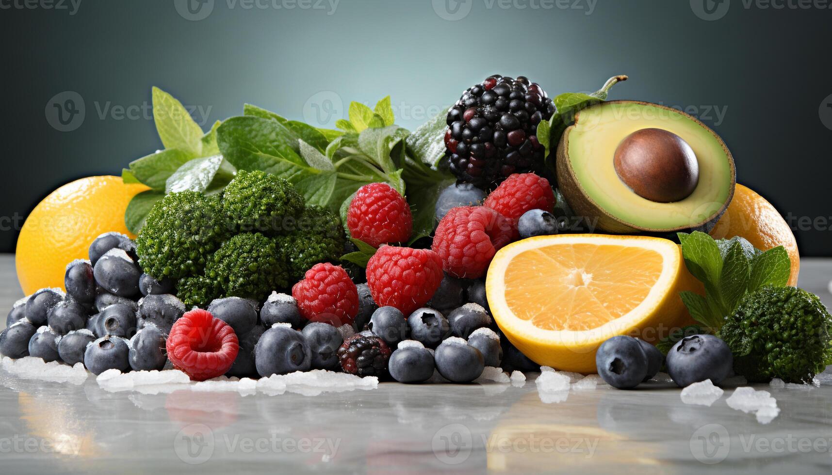 AI generated Fresh, healthy berry salad blueberry, raspberry, strawberry, blackberry, avocado generated by AI photo