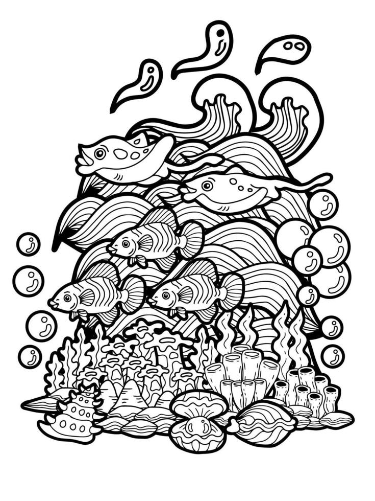 diseño colorante página Oceano coral pescado garabatear vector