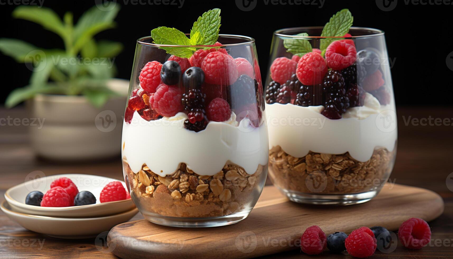 AI generated Freshness in a bowl raspberry yogurt with granola and blueberries generated by AI photo